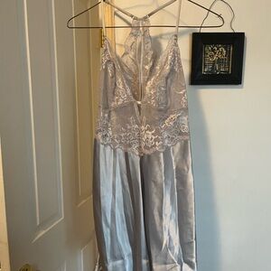 Lace Satin Nightgown in Silver Blue /  Gray